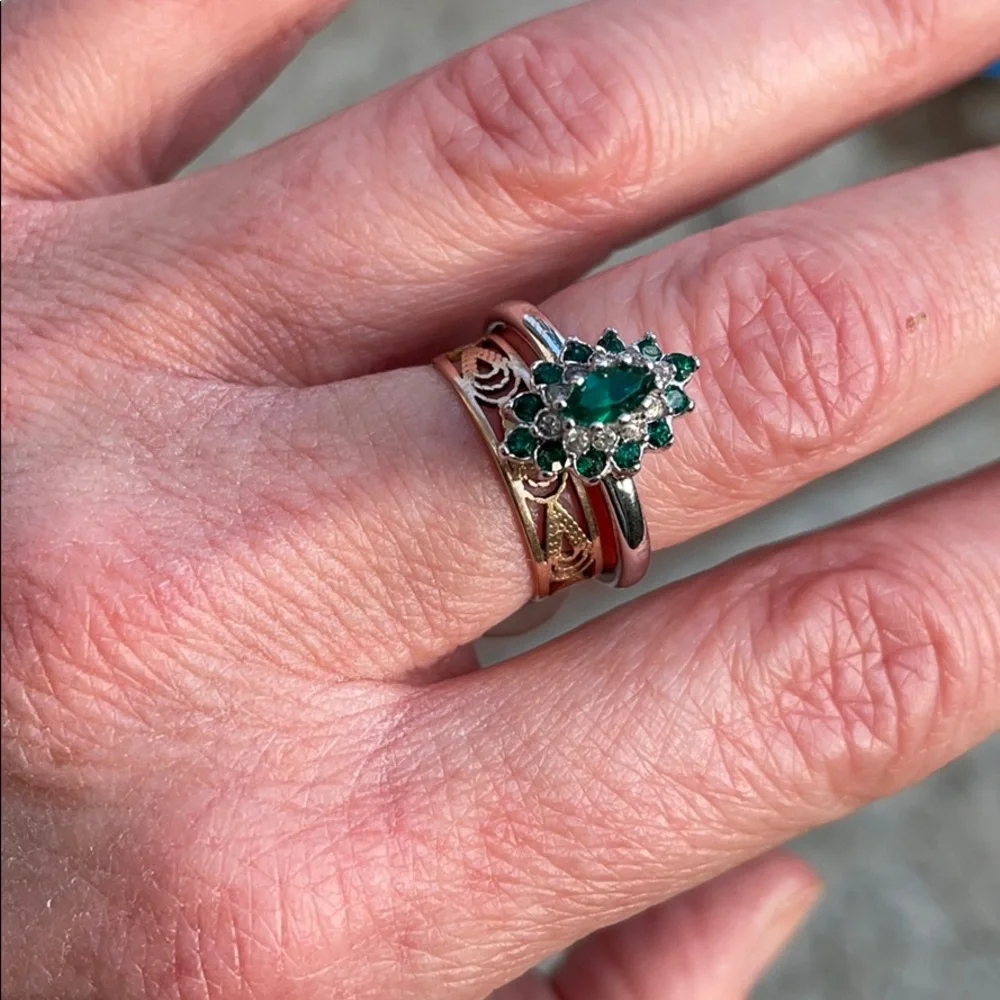 New vintage 14k gold electroplate ring/ emeralds